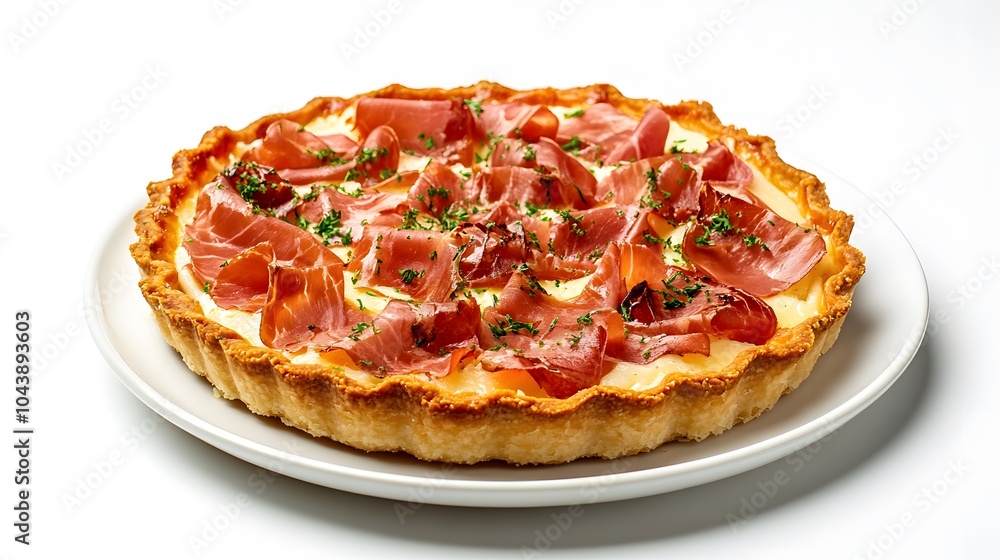 Delicious prosciutto and cheese tart with parsley garnish on a white plate Delicious prosciutto and cheese tart with parsley garnish on a white plate