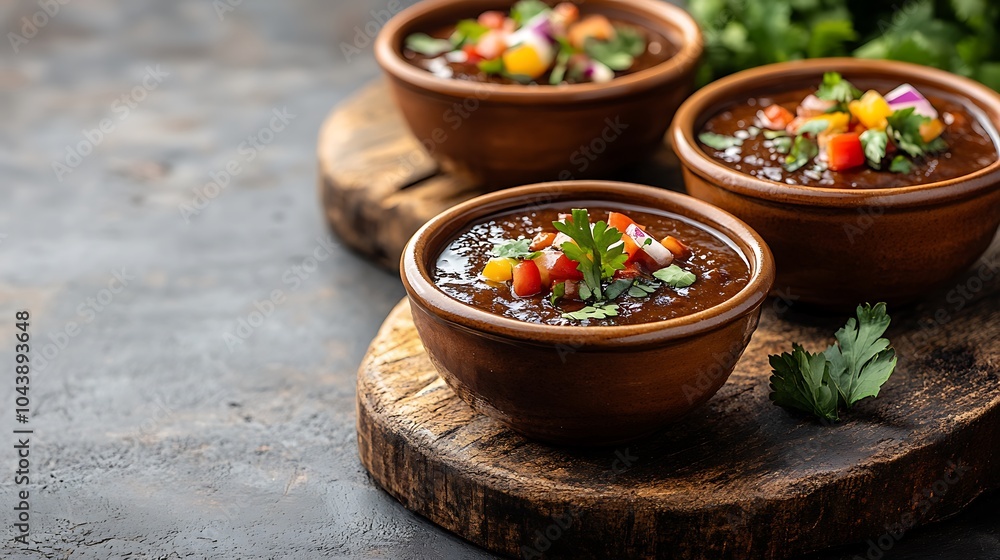 Closeup of Bowls of Black Bean Soup with Fresh Tomatoes, Red Onion, and Cilantro. Closeup of Bowls of Black Bean Soup with Fresh Tomatoes, Red Onion, and Cilantro.