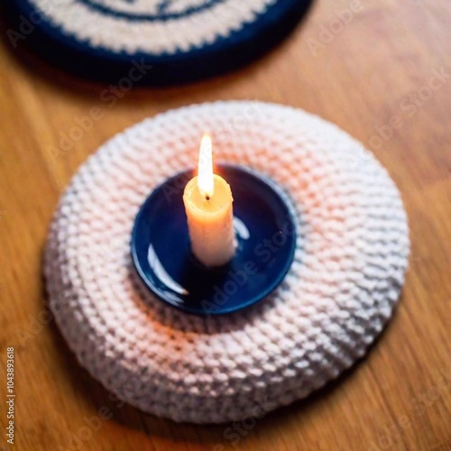 Candle lighting for Yom Kippur: Flatlay full shot with soft focus, depicting a lit candle and a kippah on a simple wooden table, conveying the quiet solemnity of the occasion. photo