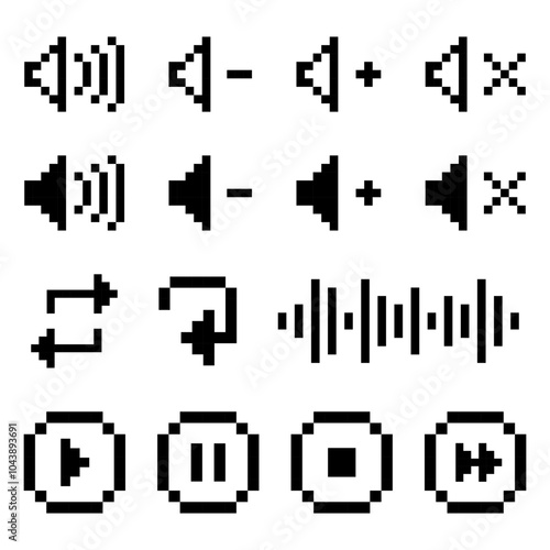 Pixelated Audio Control Icon, Speaker volume level icon Set