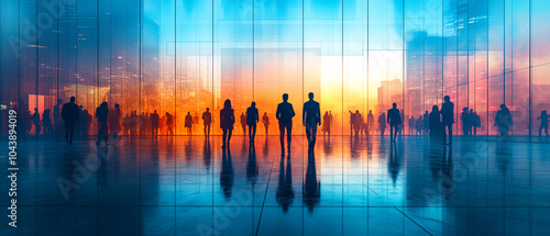 Silhouettes of Business People Walking Through a Modern Cityscape