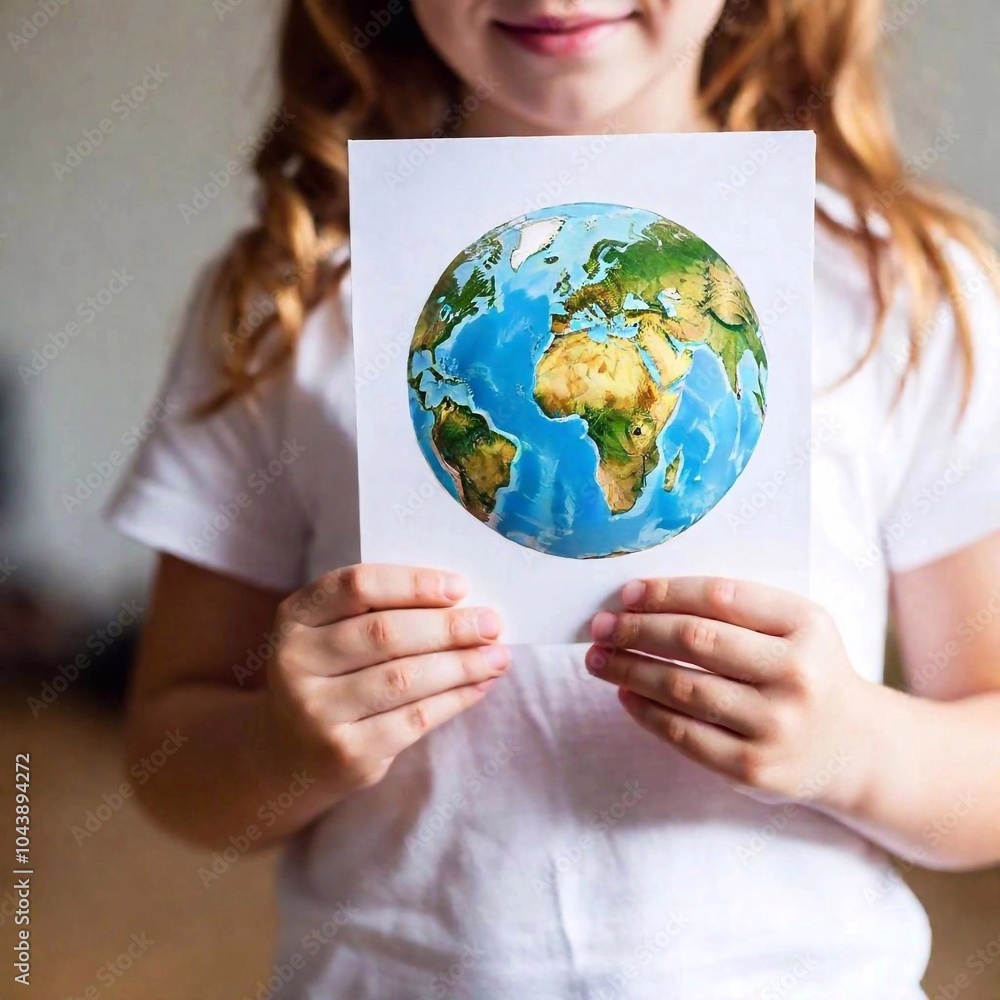 extreme macro shot of small kids holding handmade postcard with a picture of earth Planet, earth day concept, without any text extreme macro shot of small kids holding handmade postcard with a picture of earth Planet, earth day concept, without any text