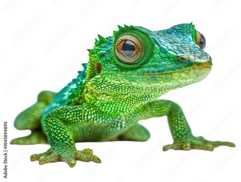 Fototapeta premium Vibrant green lizard with intricate scales and large eyes, showcasing its striking natural beauty.