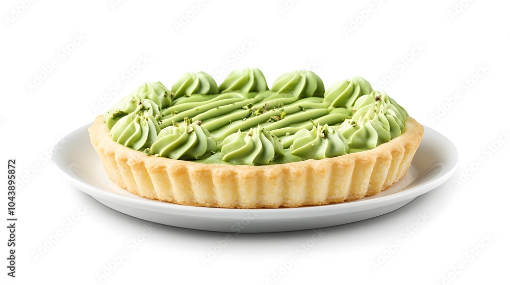 Delicious matcha green tea tart with creamy topping on white plate Delicious matcha green tea tart with creamy topping on white plate