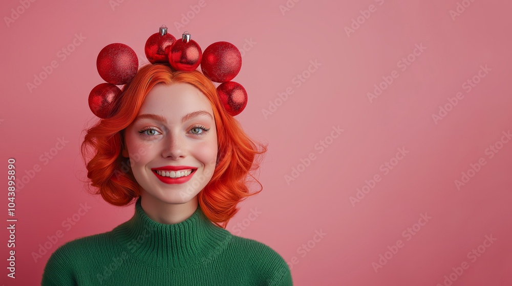 A close-up portrait of a smiling and confident girl with colorful Christmas baubles in her hair, standing in front of a solid background, with vibrant and cheerful colors in the spirit of New Year's A close-up portrait of a smiling and confident girl with colorful Christmas baubles in her hair, standing in front of a solid background, with vibrant and cheerful colors in the spirit of New Year's