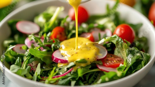 Close-up of a fresh green salad with cherry tomatoes, radishes, and a honey mustard dressing being poured over the top.