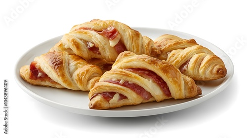 Freshly baked croissants filled with prosciutto on a white plate photo