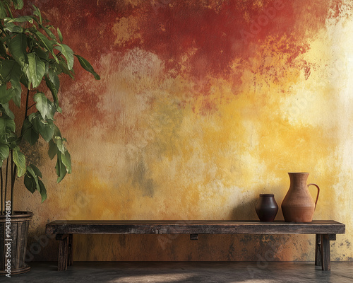 Rustic Painted Wall with Matching Autumnal Decor: Golden Yellow, Deep Red, and Rustic Orange Color Washed Technique