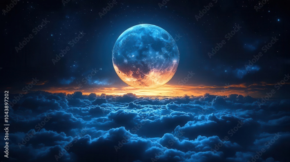 Fototapeta premium luminous full moon casting a soft glow on clouds and twinkling stars in a deep night sky creating a serene and magical atmosphere with hints of blue and silver