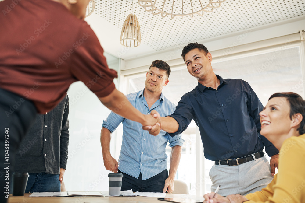 Obraz premium Business people, meeting and handshake with team for hiring, recruiting or collaboration at office. Businessman, employees or coworkers shaking hands with smile for agreement or deal at workplace
