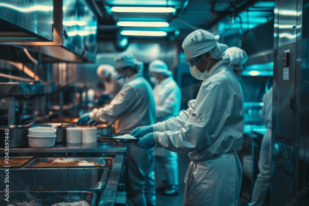 Bustling food processing facility with workers in protective gear Bustling food processing facility with workers in protective gear