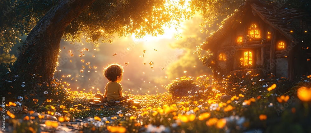 Fototapeta premium Magical Forest Scene with Child, Cottage, and Sunbeams