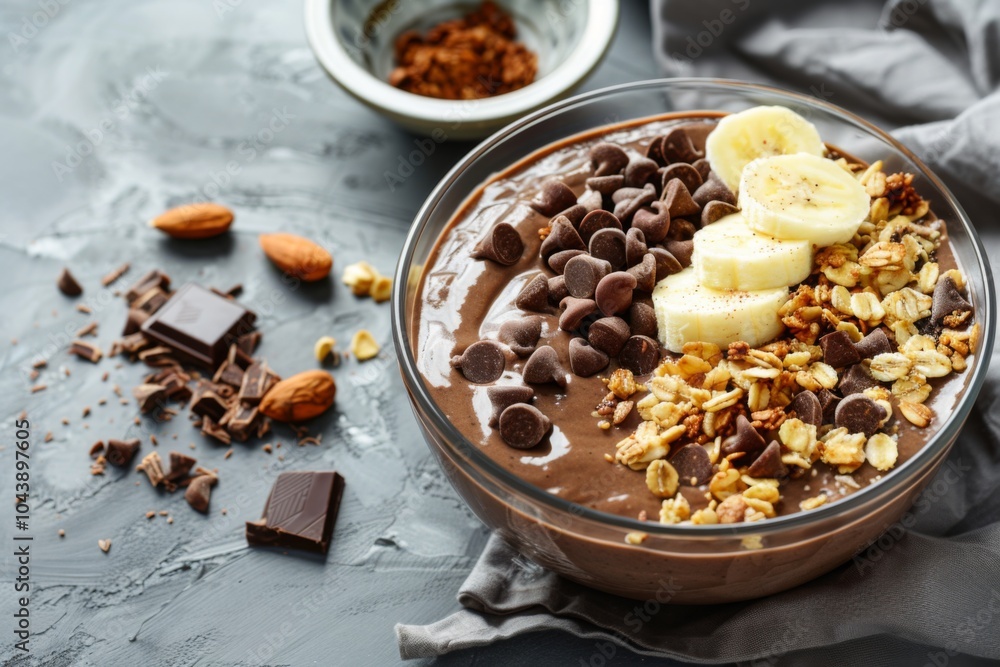 Chocolate smoothie bowl with bananas granola and chocolate Chocolate smoothie bowl with bananas granola and chocolate