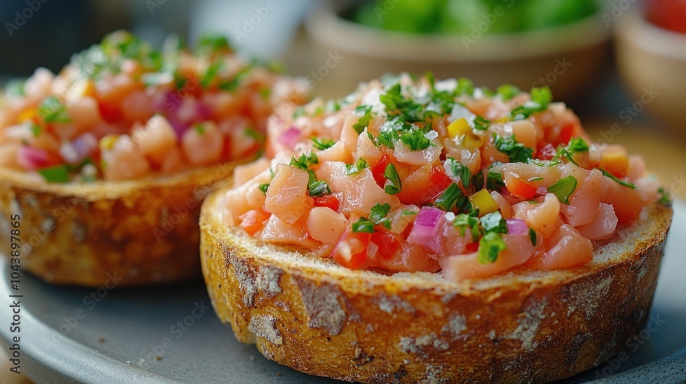 Two pieces of toasted bread topped with salmon tartare, diced tomatoes, red onion, and parsley. Two pieces of toasted bread topped with salmon tartare, diced tomatoes, red onion, and parsley.