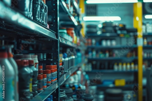 Close up of shelves in auto parts store photo