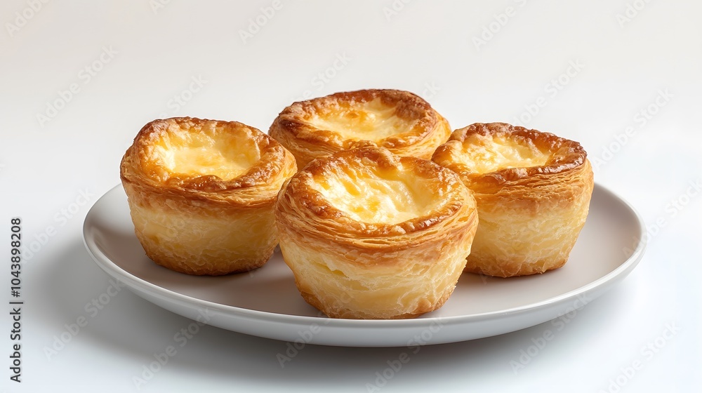 Delicious portuguese pastéis de nata on a white plate: mouthwatering pastry display Delicious portuguese pastéis de nata on a white plate: mouthwatering pastry display