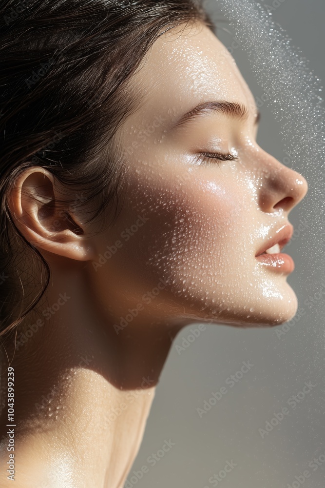 A woman moisturizing her skin in profile, enjoying a refreshing mist on a sunny day A woman moisturizing her skin in profile, enjoying a refreshing mist on a sunny day