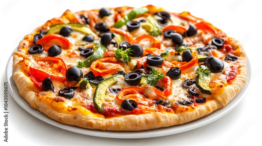 Delicious vegetarian pizza with colorful bell peppers and black olives on a crispy crust Delicious vegetarian pizza with colorful bell peppers and black olives on a crispy crust