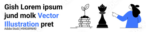 Plant growing from stacked coins, chess piece symbolizing strategy, and person in blue outfit pointing. Ideal for business growth, investment strategy, financial planning, strategic thinking