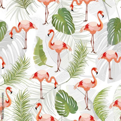 Pattern with flamingos and leaves.Flamingo and palm leaves on a white background in a vector pattern.