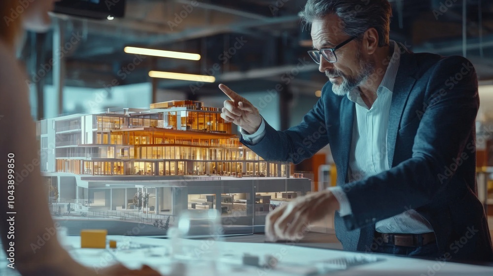 Architect presenting a 3D model of a building to clients, showcasing modern design technology Architect presenting a 3D model of a building to clients, showcasing modern design technology