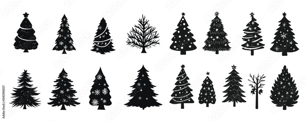 Fototapeta premium Merry Chrismas tree icon set on gray background, set of silhouettes of trees chersmas, vector illustration flat desing