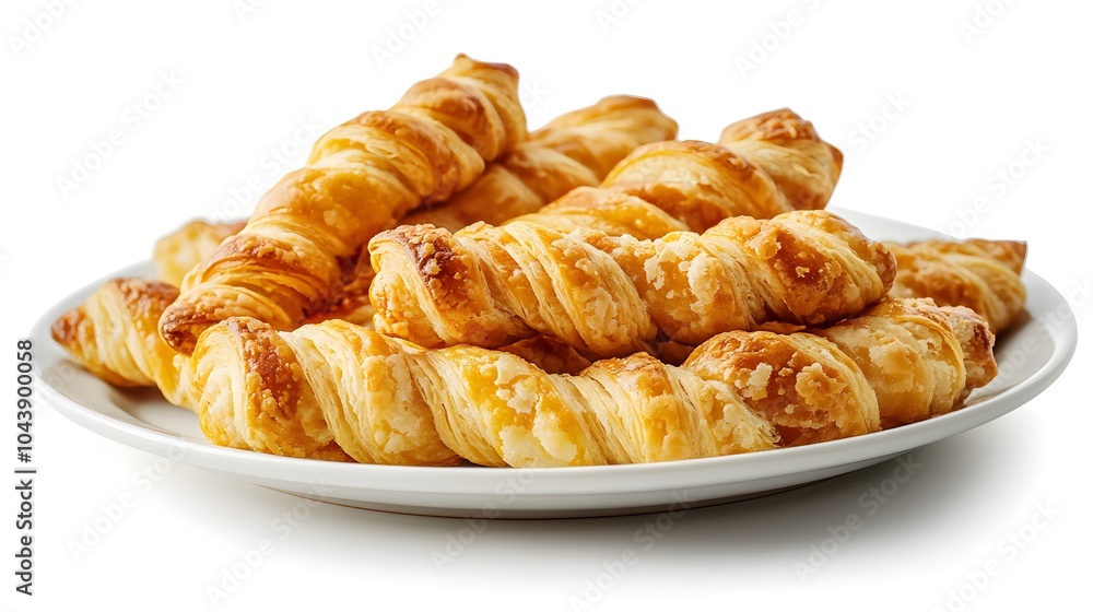 Golden puff pastry twists on white plate highlight perfect flaky texture Golden puff pastry twists on white plate highlight perfect flaky texture