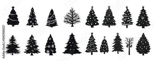 Merry Chrismas tree icon set on gray background, set of silhouettes of trees  chersmas, vector illustration flat desing