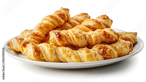 Golden puff pastry twists on white plate highlight perfect flaky texture