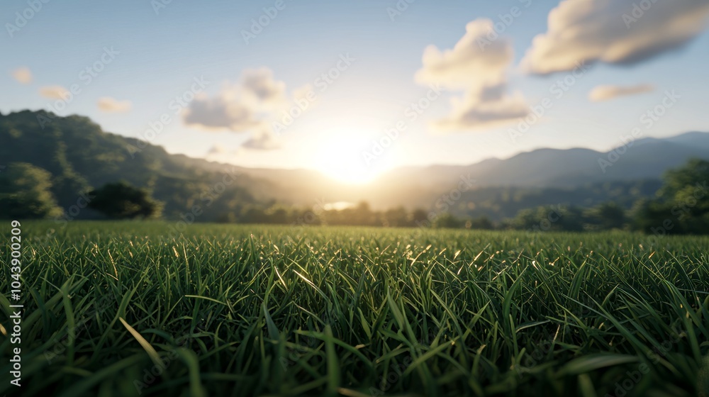 A close-up of green grass in a field with a hazy mountain range and a bright sunset in the background. A close-up of green grass in a field with a hazy mountain range and a bright sunset in the background.
