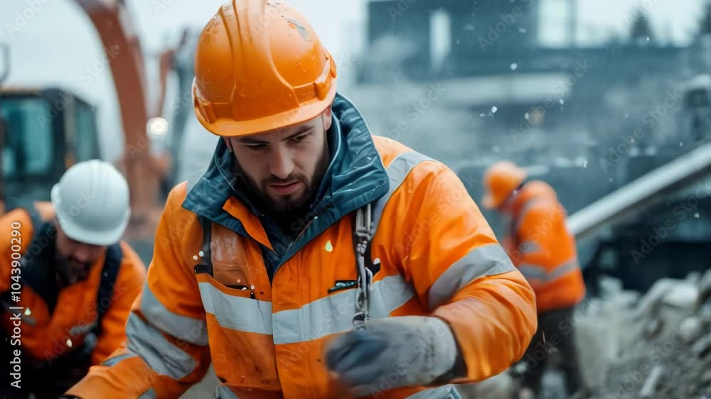 Construction workers in winter gear perform site duties in a busy urban area