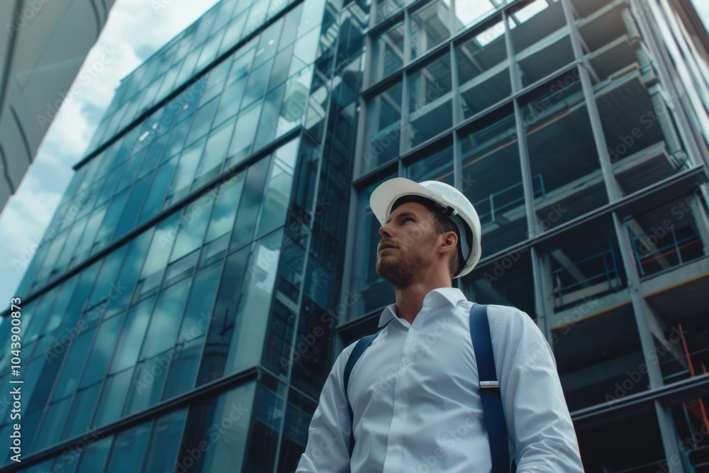 Male architect wearing hardhat and inspecting new building Male architect wearing hardhat and inspecting new building