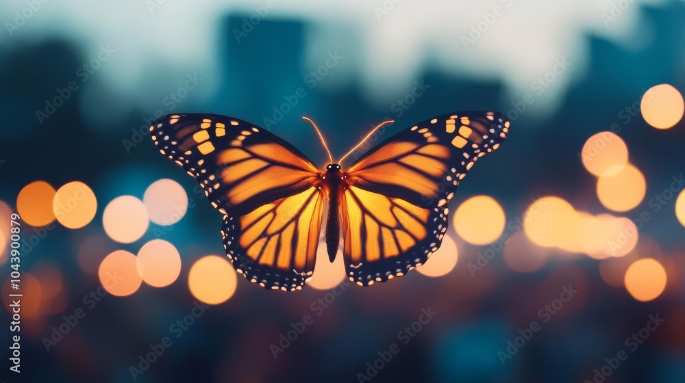 Obraz premium Glowing butterfly floats with flickering wings, flying above the crowd in the night sky