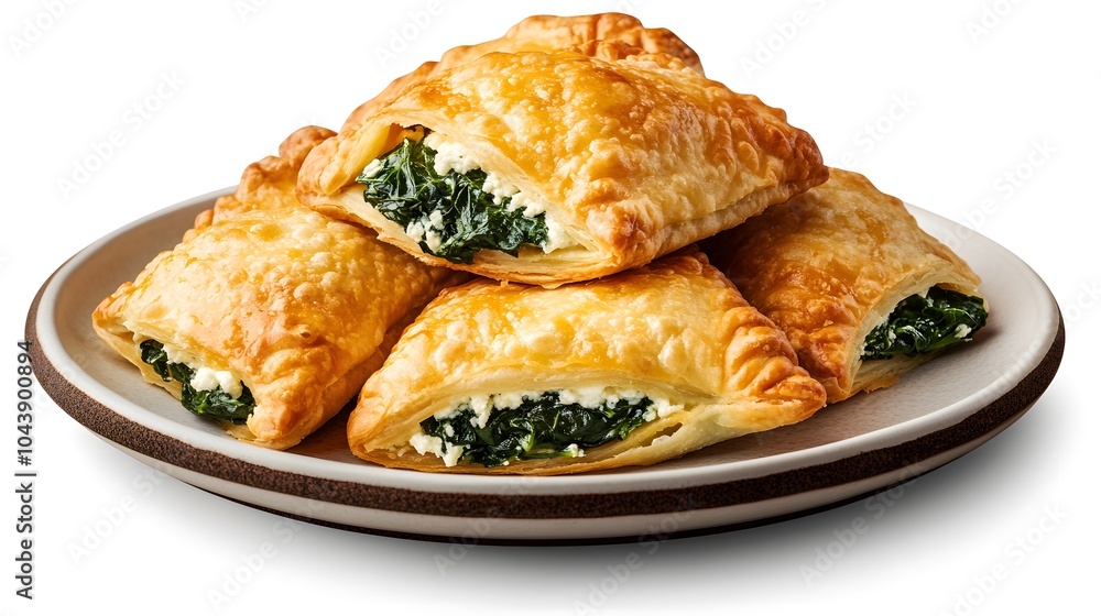 Flaky pastry triangles filled with spinach and cheese on a plate