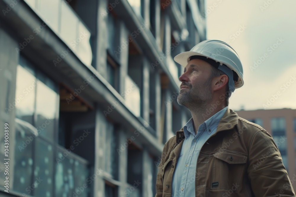 Male architect wearing hardhat and inspecting new building Male architect wearing hardhat and inspecting new building