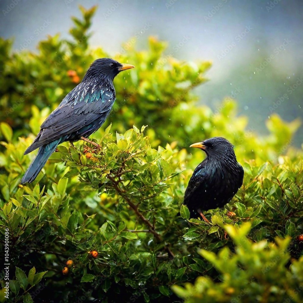 Fototapeta premium Birds resting in a tree during a gentle rain