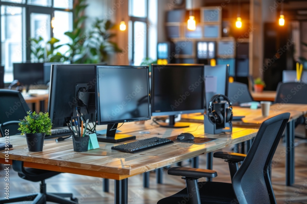 Modern office workstations with chairs and desks and monitors Modern office workstations with chairs and desks and monitors