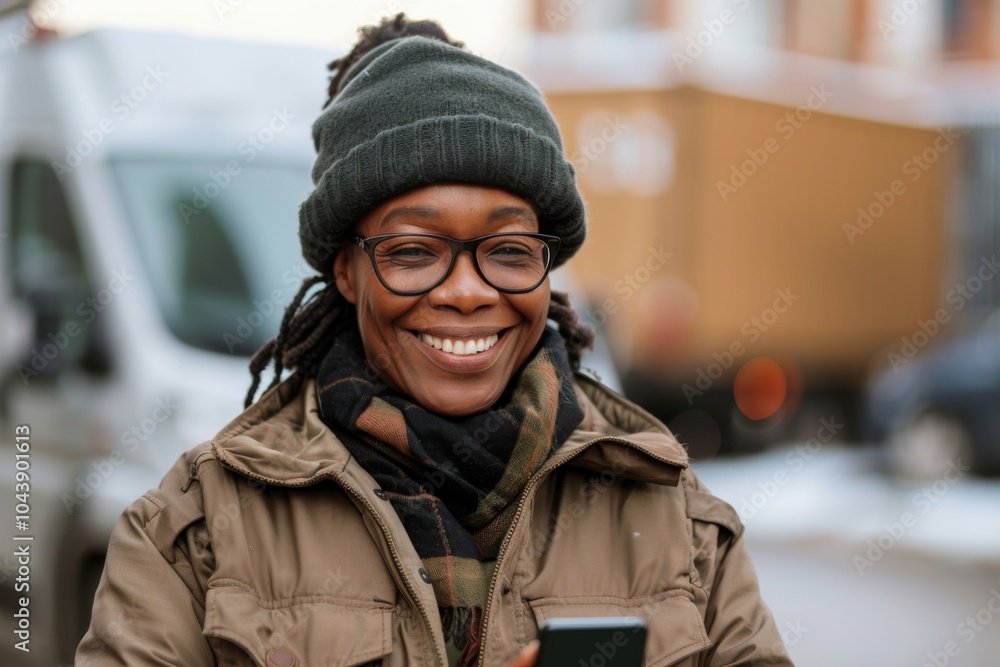 Portrait of a smiling middle aged black female delivery driver using smartphone Portrait of a smiling middle aged black female delivery driver using smartphone