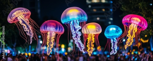 Glowing jellyfish floats bobbing above the crowd, adding an oceanic theme to the parade photo