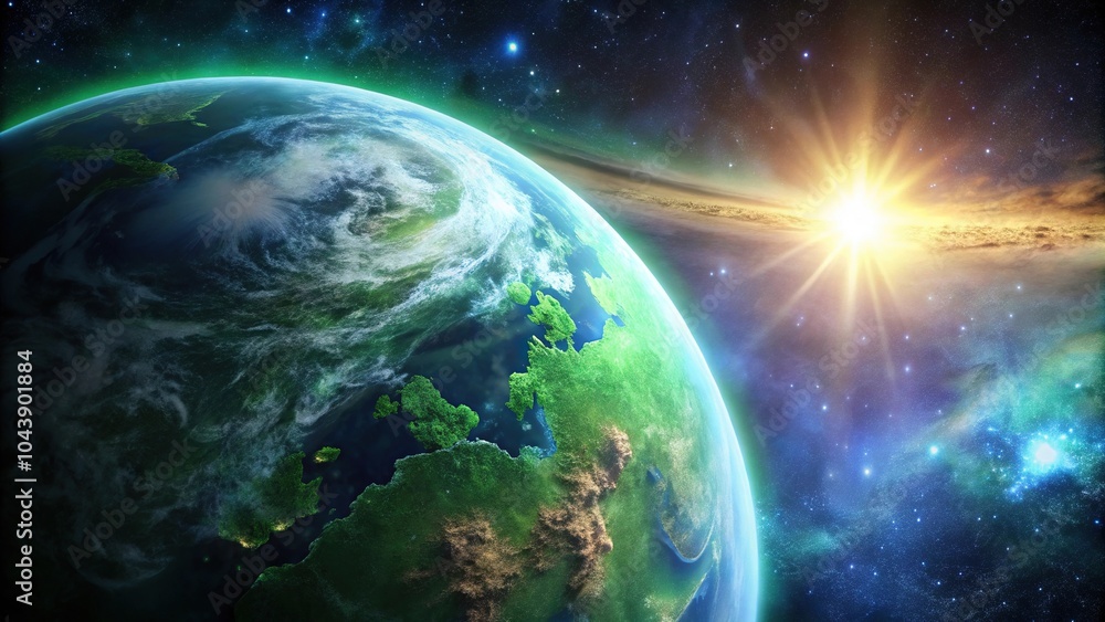 Obraz premium Realistic rendering of Earth from space with glowing green nebula in background Forced Perspective