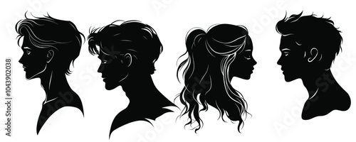 woman hairstyle, hand drawn hairstyle for female, cute girl collection,Beautiful girl silhouette vector drawing hair on side face logo,Silhouette of beautiful girl in profile with long hair