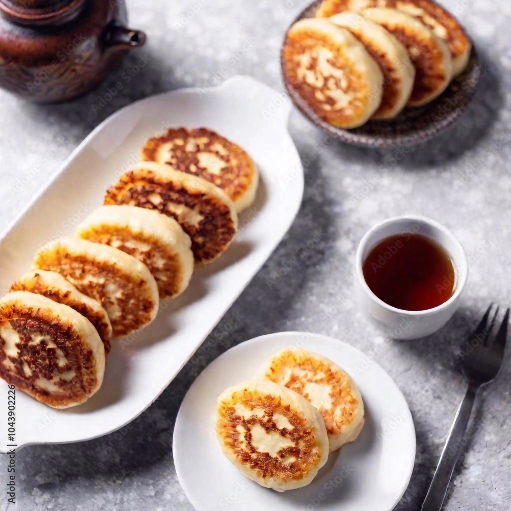 A flatlay showcasing a traditional Ukrainian meal featuring syrnyky (cottage cheese pancakes) alongside a hot cup of tea, depicted in soft focus, with long-shot depth capturing the entire spread A flatlay showcasing a traditional Ukrainian meal featuring syrnyky (cottage cheese pancakes) alongside a hot cup of tea, depicted in soft focus, with long-shot depth capturing the entire spread