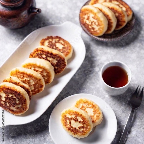 A flatlay showcasing a traditional Ukrainian meal featuring syrnyky (cottage cheese pancakes) alongside a hot cup of tea, depicted in soft focus, with long-shot depth capturing the entire spread photo