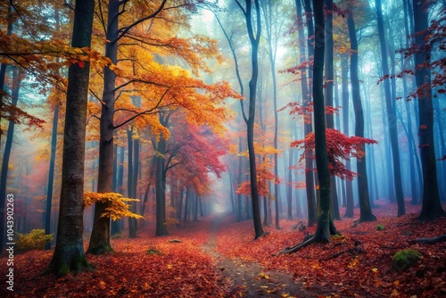 Saturated foggy forest landscape with mysterious dark autumn woods