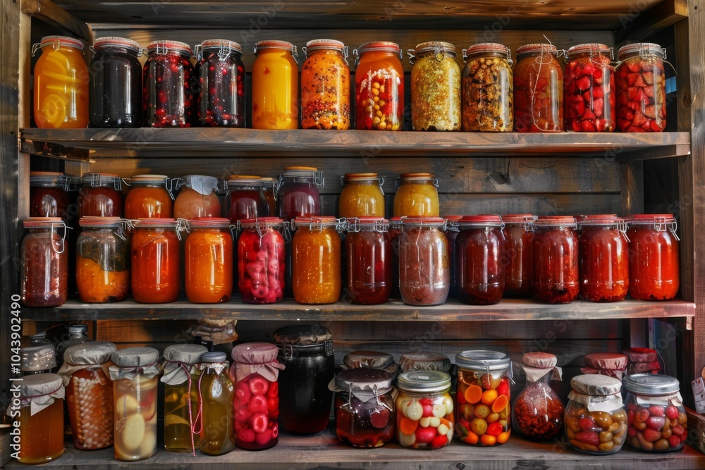 Shelves of homemade preserves and canned goods Shelves of homemade preserves and canned goods
