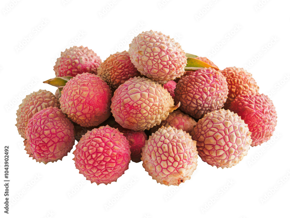 A vibrant pile of ripe lychees with rough pink skin, ready for consumption. A vibrant pile of ripe lychees with rough pink skin, ready for consumption.