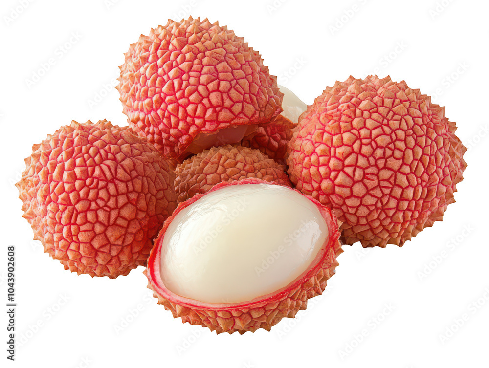 Fresh ripe lychee fruits with one open to show the juicy white flesh inside. Fresh ripe lychee fruits with one open to show the juicy white flesh inside.