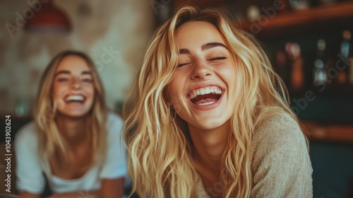 Positive blonde student laughing while working together with friends on common studying task sitting at desktop.Back vew of successful young women communicating with each other during brainstorming