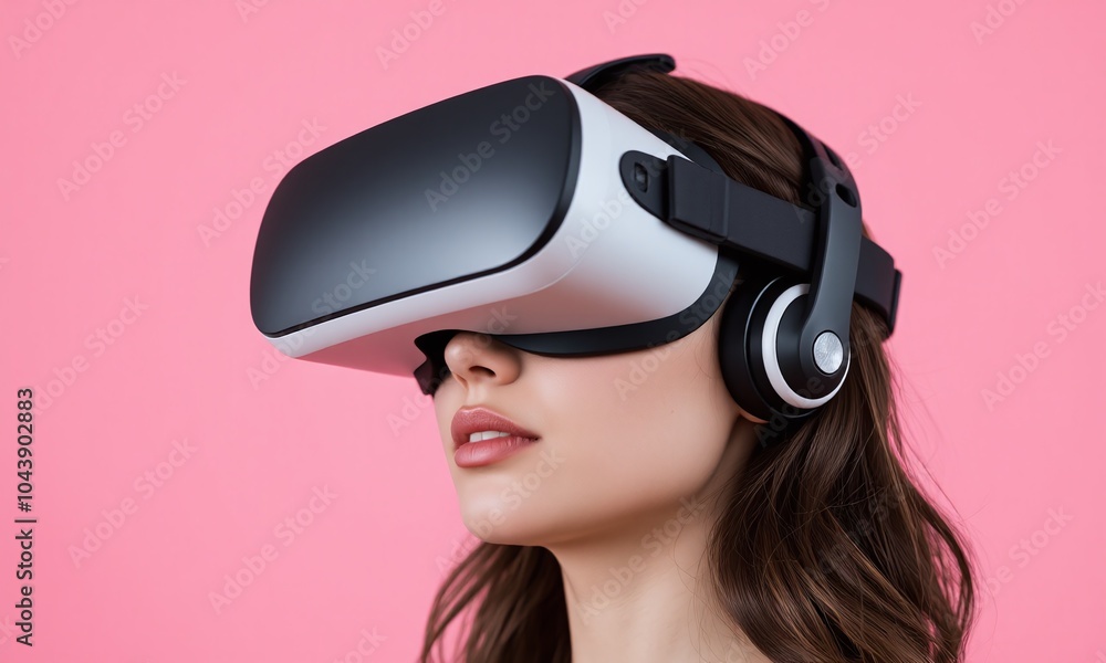 Virtual reality headset young woman pastel studio Virtual reality headset young woman pastel studio