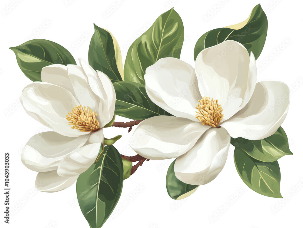 Fototapeta premium Beautiful white magnolia flowers with lush green leaves on a branch.
